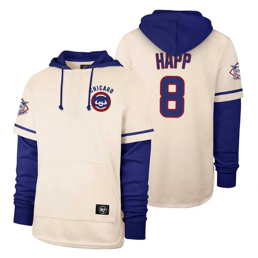 Men Chicago Cubs 8 Happ Cream 2021 Pullover Hoodie MLB Jersey